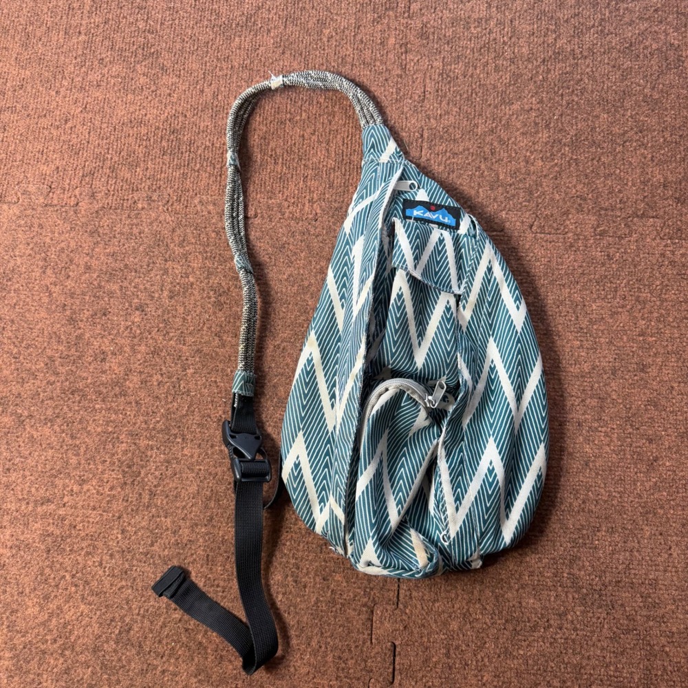 KAVU Rope Bag Cotton Canvas Sling Backpack Teal White Chevron Geometric Pattern